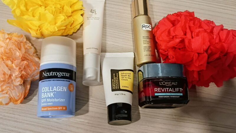Anti-aging products from left to right: Neutrogena Collagen Bank SPF 30, Beauty of Joseon Revive Eye Serum, CosRx Advanced Snail 92 All in One Cream, ROC Retinol Correxion Deep Wrinkle Serum, L'preal Revitalift